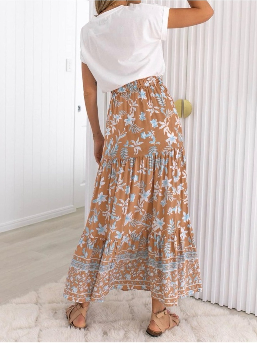 Boho Floral Maxi Skirt in Camel with White & Light Blue Print - Picture 2 of 14